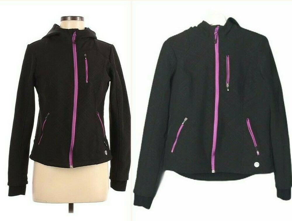 Blanc Noir Zip Front Hooded Active Utility Jacket Windbreaker Black Size Medium